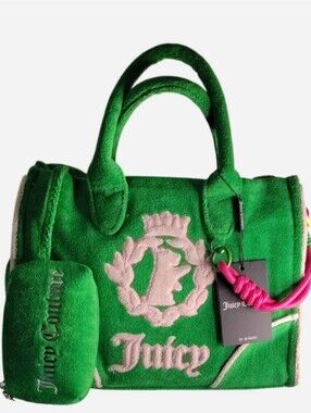 Juicy Couture Green Plush Tote with Pink Logo Accents